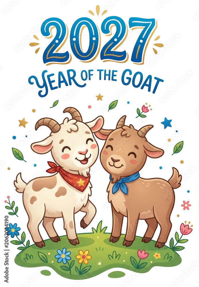 Naklejka premium 2027 Year of the Goat greeting card illustration with two cute cartoon goats on transparent background. Chinese zodiac horoscop design with flowers and stars for festive decoration.