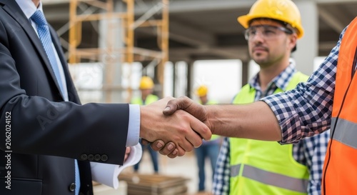 Construction professionals shaking hands at a building site.