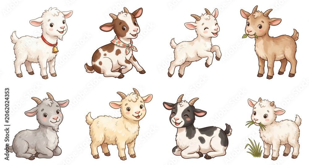 Fototapeta premium Collection of cute little baby goats in various poses on transparent background. Set of adorable farm animal characters for children design. Cartoon style illustration for graphic project.