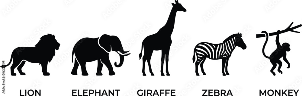 Fototapeta premium Black silhouettes of lion, elephant, giraffe, zebra and monkey