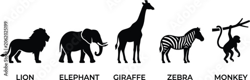 Photography Black silhouettes of lion, elephant, giraffe, zebra and monkey