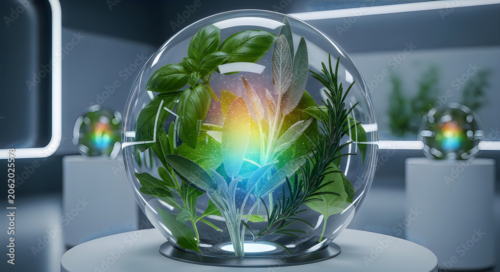 Naklejka premium Fresh Herbs inside Glass Sphere with Rainbow Light in Futuristic Laboratory