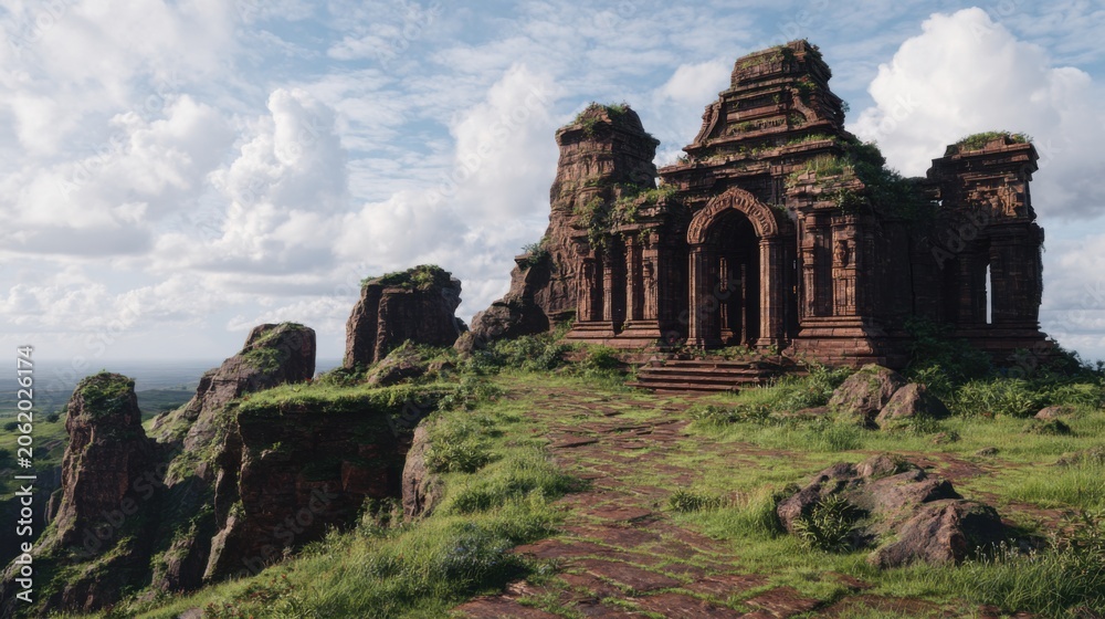 Fototapeta premium Ancient temple ruins stand majestically on a green hillside beneath a vast open sky, showcasing forgotten history.