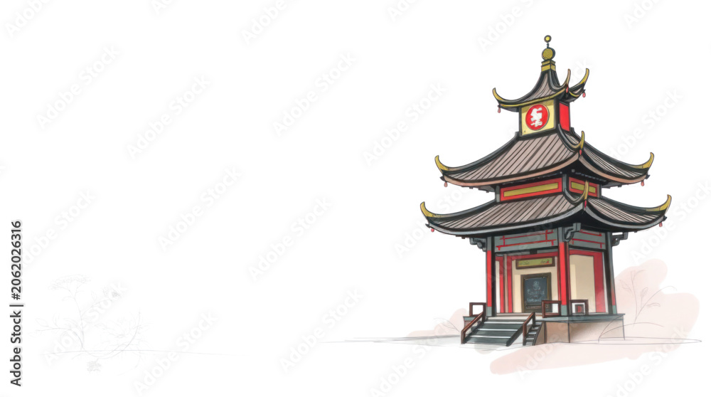 Fototapeta premium Pagoda Asian Architecture Traditional Temple Building Illustration with Decorative Floral Element