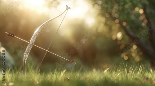 Archery bow and arrow resting in a sunlit grassy field, embodying outdoor recreation and skill