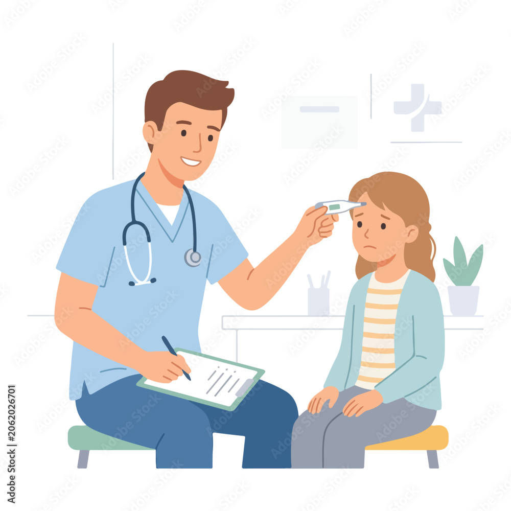 Obraz premium A male doctor in blue scrubs checks a sad young girl's temperature with a digital thermometer while writing notes on a clipboard in a clinic.