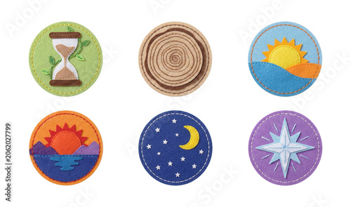 Quadro su tela Set of circular embroidery patches representing nature elements like sun, moon,