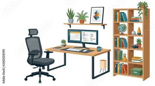 Vászonkép home office workspace with computer and bookshelf