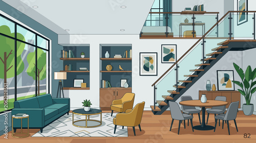 Tableau sur toile Modern home interior with staircase and dining area