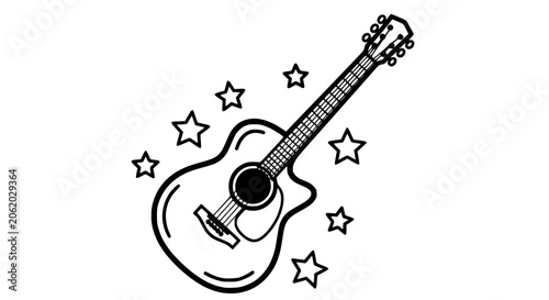 Φωτογραφία Acoustic Guitar with Stars - Simple Line Art Illustration