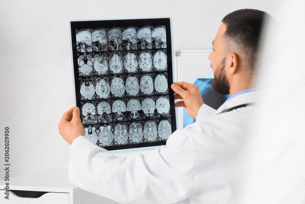 Fototapeta premium Male doctor with MRI scan of head in clinic, back view