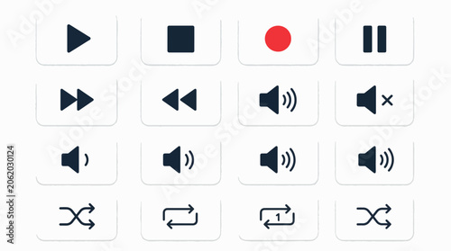 Collection of modern flat media player icons for digital interfaces.
