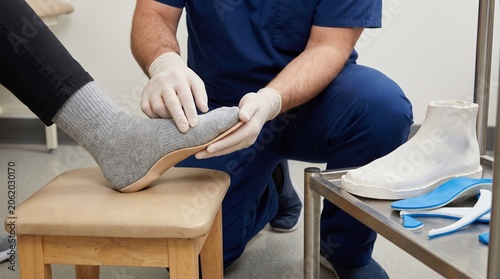 Orthotic specialist checking custom foot support fit in rehab workshop