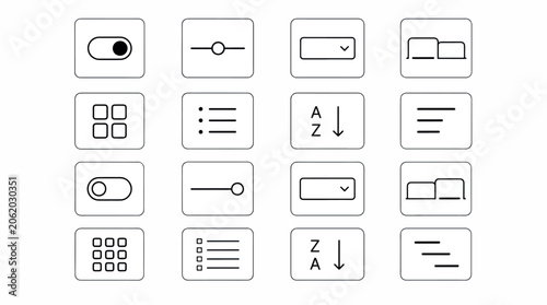 Collection of minimalist interface icons representing toggles, sliders, dropdowns, grids, lists, and.