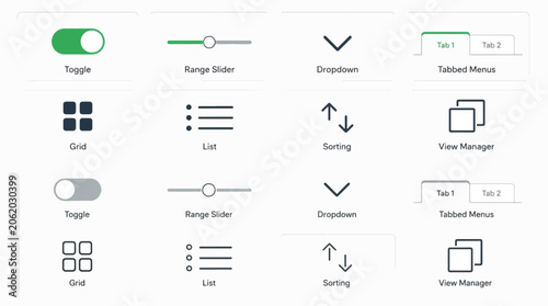 Collection of modern user interface elements including toggles, sliders, dropdowns, grids, lists,.