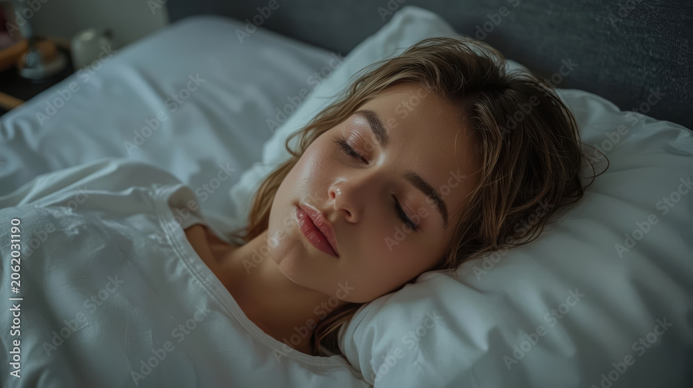 Obraz premium Young woman sleeping peacefully in bed with soft pillow and calm expression
