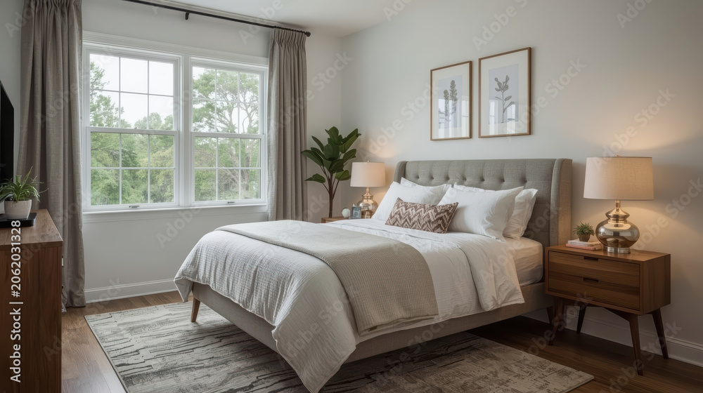 Fototapeta premium Cozy neutral bedroom with tufted bed and natural light