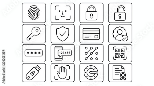 Collection of security and access icons including fingerprint, face recognition, locks, keys, credit.