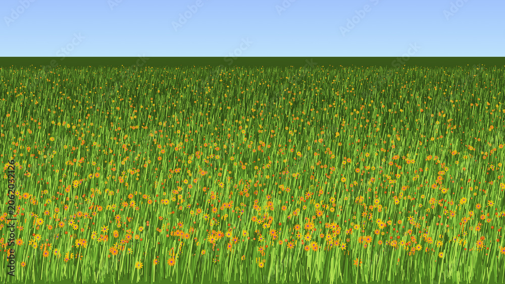Fototapeta premium Procedural Algorithmic Art, green field with yellow flowers under blue sky