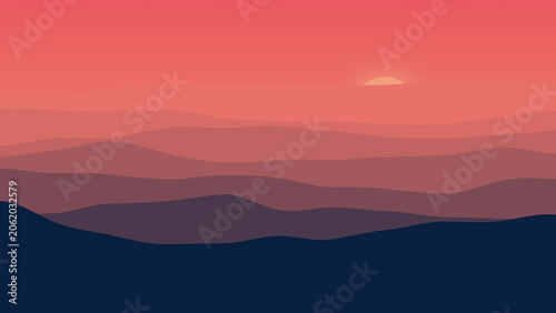 Procedural Algorithmic Art, minimalist mountain landscape at sunset with layered hills
