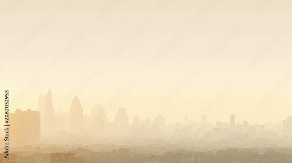 Obraz premium Dense smog obscuring city skyline silhouette at dawn or dusk with muted light and atmosphere
