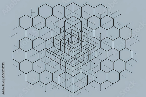Isometric Multi Dimensional Hexagon Grid Blueprint Pattern Technical Graphic Line Art.