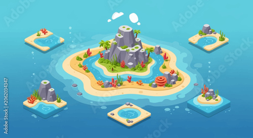 Collection of isometric islands with sandy beaches, palm trees, and clear blue water.