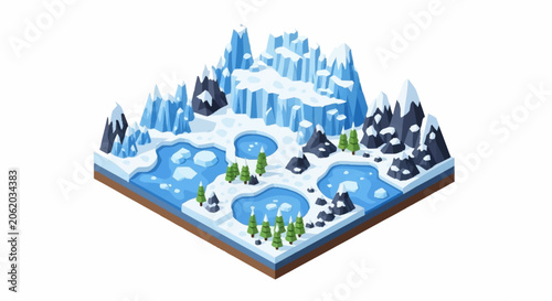 Isometric winter landscape with frozen lakes and snow-covered mountains, a stylized representation of a cold environment.