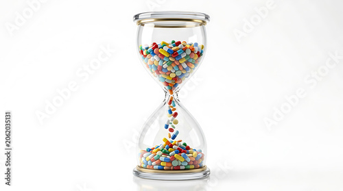 Hourglass filled with colorful medical pills representing the concept of time and health.