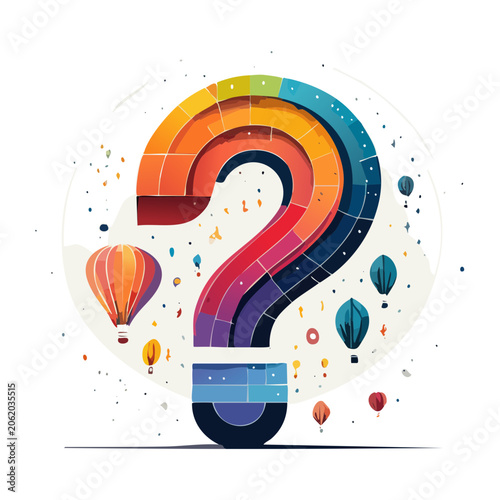 Colorful question mark illustration with hot air balloons and shapes