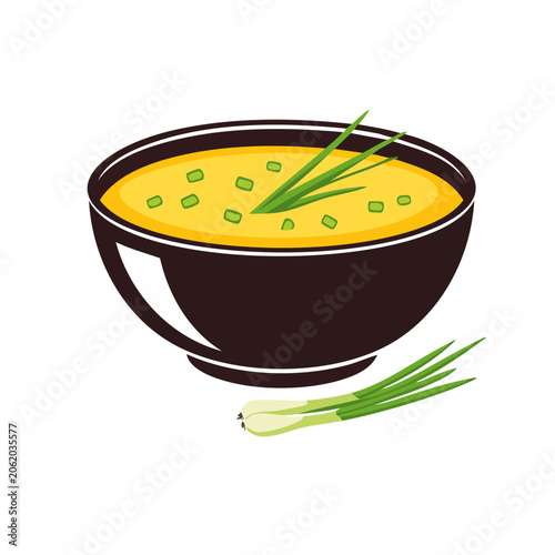 Flat design illustration of a bowl of soup with green onions