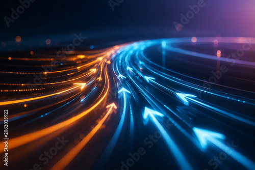 AI generated glowing directional arrows light trails representing data flow speed connectivity digital transformation navigation technology advancement