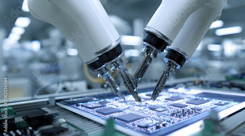 Highly precise robotic limbs affixing electronic parts onto expansive circuit boards. Advanced electronics production in a sterile lab space.
