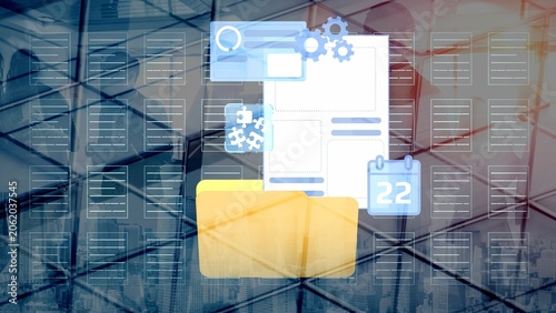 Foto Abstract concept of digital management with folder, calendar, gear icons representing organization, planning, workflow, and document handling in office environment