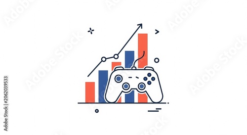 Video Game Controller and Upward Trend Graph Illustrating Gaming Industry Growth.
