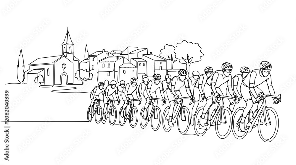 Fototapeta premium Cycling Race Through European Village: Continuous Line Art Illustration