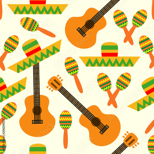 Seamless pattern with maracas, sombrero hat and guitar.