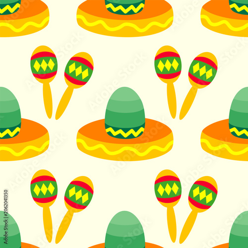 Seamless pattern with maracas and sombrero hat