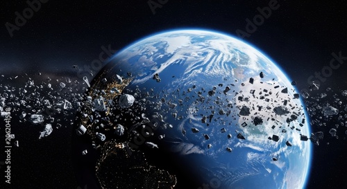 Earth surrounded by a ring of asteroids in outer space.