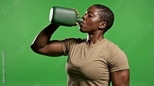Cinematic Shot Of A Woman Soldier In Tactical Trousers Drinking Water In A Studio Green Screen Background
