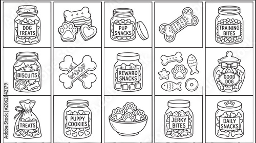 Colorful illustration of dog treats and snacks in jars and bags.