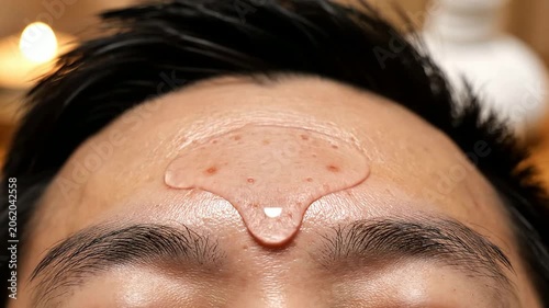 Close-Up Of A Crystal Clear Serum Droplet Falling From A Dropper Onto A Smooth Forehead Emphasizing Skincare And Beauty Application