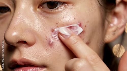 Close-Up Of A Face Showing Natural Acne Texture With Healing Marks And Skincare Treatment Application For Acne Management In 4K Resolution
