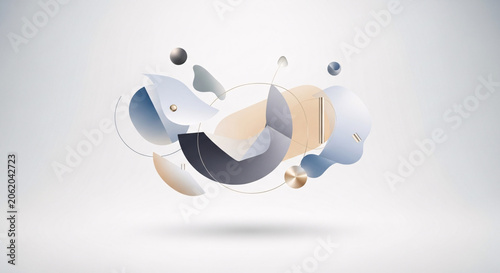 Abstract composition of overlapping 3D shapes in shades of blue, beige, and gray on a white background with subtle shadows.