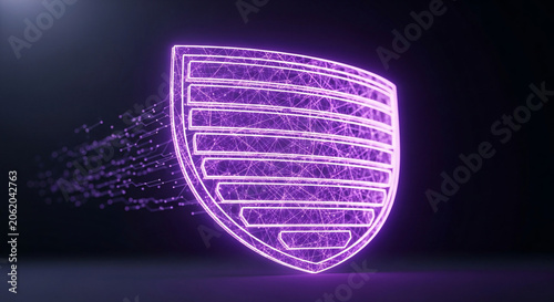 Glowing purple shield with horizontal lines and particle trail on a dark background with a futuristic feel.