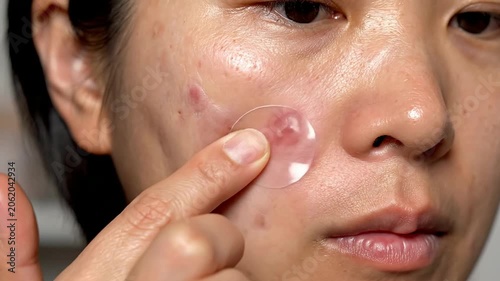 Close-Up Of A Person Applying A Soothing Patch For Acne And Healing Scars On The Face In A Skin Care Treatment Routine