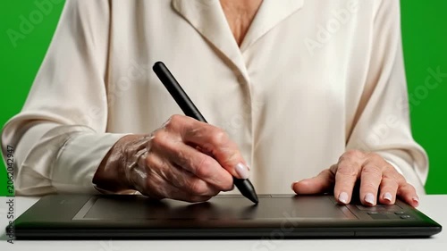 Close-Up of a Person's Hands Using a Stylus on a Digital Tablet with Green Screen for Creativity and Technology Graphics