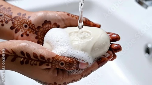 Close-Up Of Hands With Henna Designs Holding A Bar Of Soap Underflowing Water In A Serene Bathroom Setting