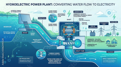 Diagram illustrates hydroelectric power plant process converting water flow into electricity. Includes components like reservoir, turbine, generator, and power grid