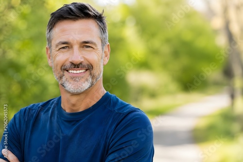 Portrait of a happy, handsome mature man smiling with crossed arms in a green park. Confident healthy middle-aged male enjoying active lifestyle outdoors.